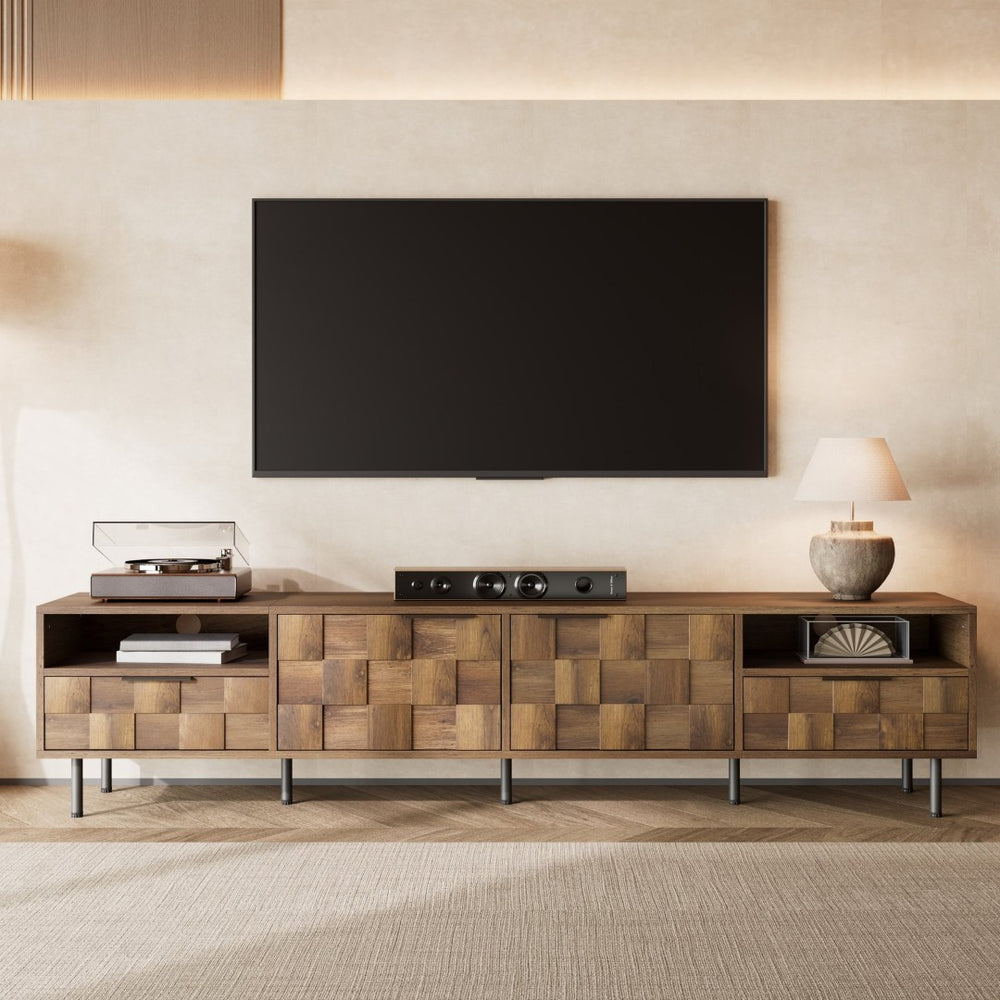 English Elm Mid Century Modern Tv Stand 79 Inch Wood Tone Console with Drawers for Living Room N710P401530P