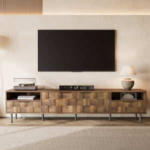 English Elm Mid Century Modern Tv Stand 79 Inch Wood Tone Console with Drawers for Living Room N710P401530P