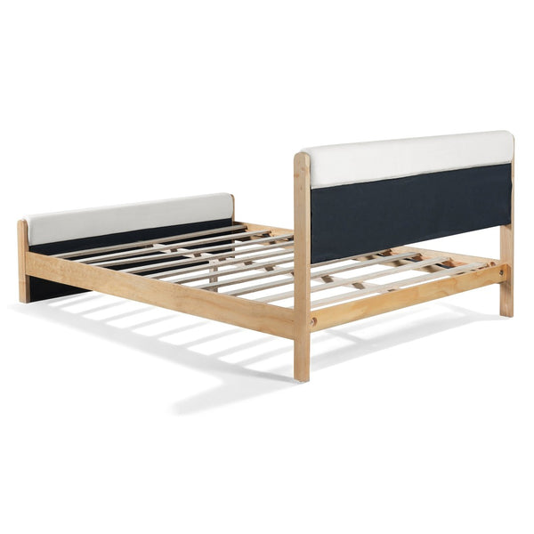 English Elm Queen Platform Bed Natural Wood Frame Beige Upholstered Headboard Low Profile N758Q909899N