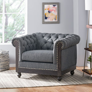 English Elm Christopher Knight Home® - CLUB Club Chair Chesterfield-Inspired Tufted PU Upholstery with Nailhead Trim, Scrolled Arms, Turned Legs Charcoal 39.25 L x 34.25 W x 25 H 72069.00FCHAR