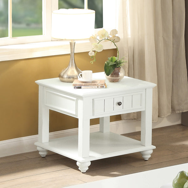 English Elm White Washed End Table with Drawer and Open Shelf, Trim Molding, Classic Square & Bun Legs, Timeless Elegance B062P191044