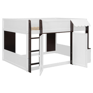 English Elm Twin House Loft Bed with Pull Out Rolling Desk Stair Drawers and Cabinet Storage Espresso+White N820S00074P