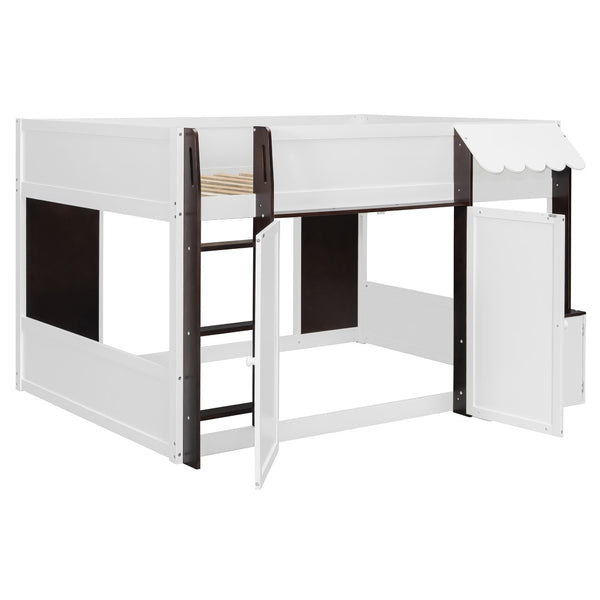 English Elm Twin House Loft Bed with Pull Out Rolling Desk Stair Drawers and Cabinet Storage Espresso+White N820S00074P