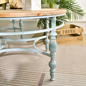 English Elm 31.50" Hand-carved Distressed Wood Round Coffee Table with Metal Legs for Living Room W3933P379162