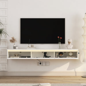 English Elm Floating LED TV Stand Wall Mounted Shelf with Power Outlet, High-Gloss White MDF Cabinet, Storage & Cord Management - Modern Living Room Accent W1321P311892