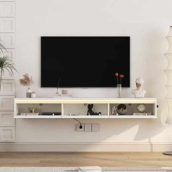 English Elm Floating LED TV Stand Wall Mounted Shelf with Power Outlet, High-Gloss White MDF Cabinet, Storage & Cord Management - Modern Living Room Accent W1321P311892