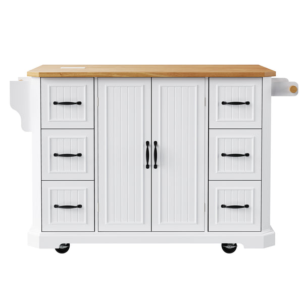 English Elm K&K 56-Inch Kitchen Island Cart with Embossed Vertical Stripe, Drop Leaf, Charging Station, Storage White N707P266184W
