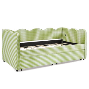 English Elm Twin Gingham Linen Daybed with Wave Silhouette Usb Port and Dual Storage Drawers Green W1413S00143