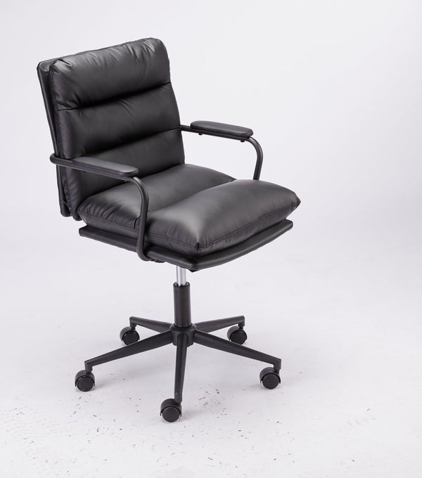 English Elm Black Black Leather Office Chair Mid Back PU Executive Desk Chair with Thick Cushion, Wheels, Arms, Durable Comfort, Easy Assembly B205P241911