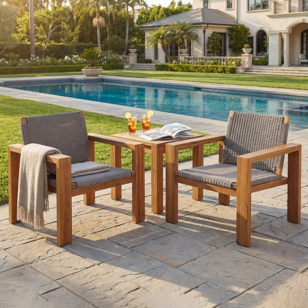 English Elm Outdoor Acacia Wood Patio Club Chairs Set of 2 with Wicker Backrest Teak Finish N772P384650T