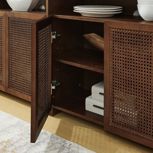English Elm 63" Mid Century Modern Rattan Sideboard Buffet Cabinet with Adjustable Shelves, Durable Craftsmanship and Outlet Access for Living Room Storage and TV Console Walnut W1801P371658