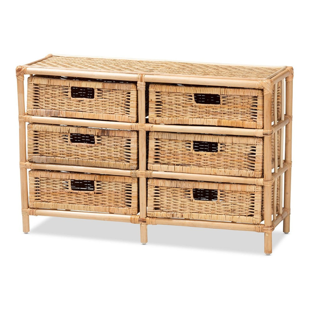 English Elm Modern Woven Rattan Six Drawer Cabinet Bohemian Storage for Bedroom or Living Room B2750P470040
