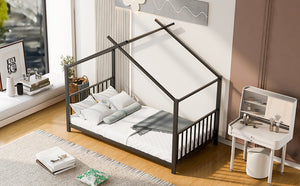 English Elm Twin Metal House Platform Bed with Slat Kit for Kids Sleepovers Sturdy Frame Elegant Silhouette 63.8"H Black MF322835AAB