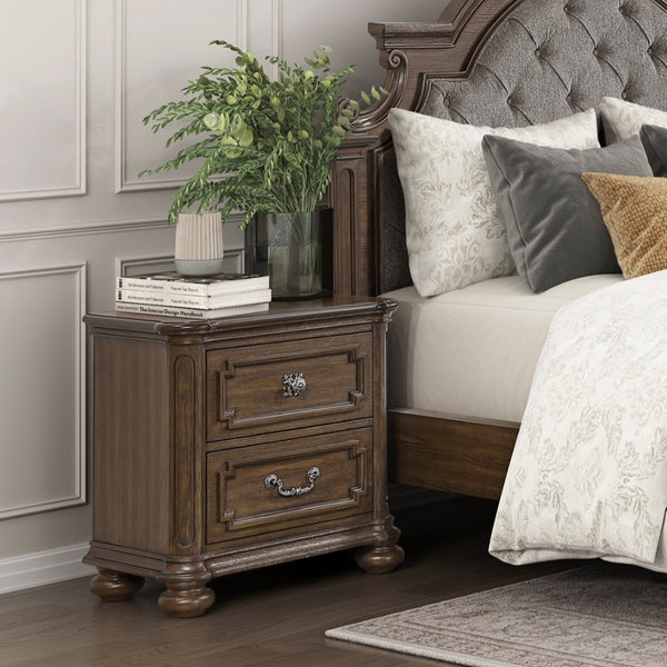 English Elm Traditional Oak Veneer Nightstand with Walnut Inlay Two Drawers Antique Nickel Bedroom B011P490016