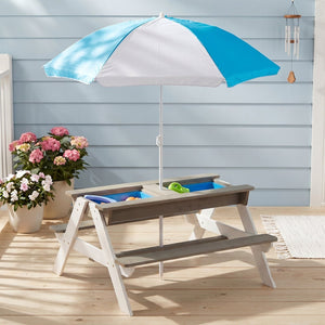 English Elm Wooden Cedar Kids Outdoor Picnic Activity Table with Shade Umbrella for Backyard Play D720094435