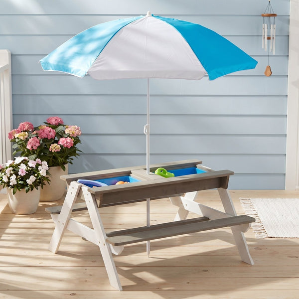 English Elm Wooden Cedar Kids Outdoor Picnic Activity Table with Shade Umbrella for Backyard Play D720094435