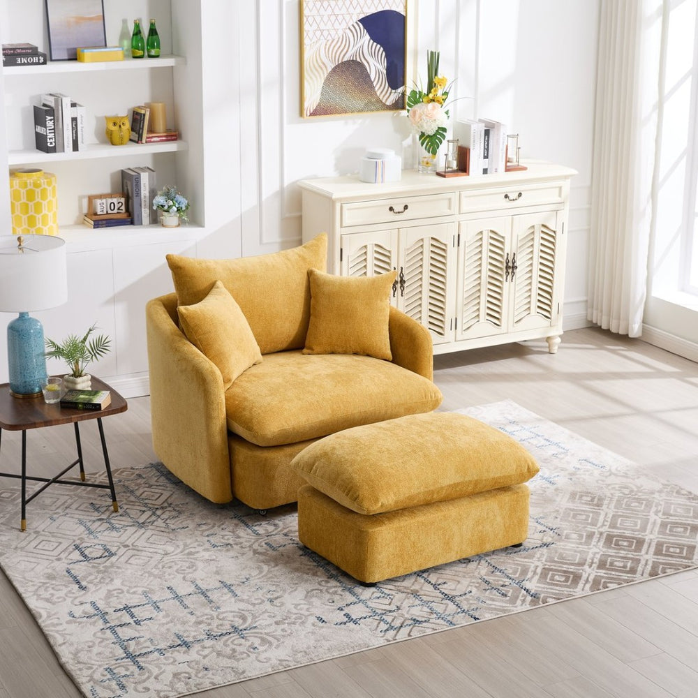 English Elm 360° 360 Swivel Oversized Chenille Armchair with Pocket Spring Seat and Three Throw Pillows Yellow W1361S00048
