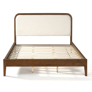 English Elm Queen Solid Acacia Platform Bed Curved Beige Upholstered Headboard Brown Oak Finish N758Q517071N