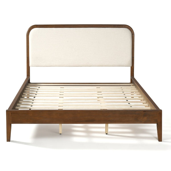 English Elm Queen Solid Acacia Platform Bed Curved Beige Upholstered Headboard Brown Oak Finish N758Q517071N