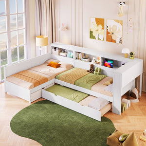 English Elm Wood Twin L-shaped Platform Bed Trundle Shelves Charging Station Kids Room White N7090001045K-1