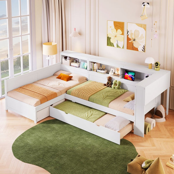 English Elm Wood Twin L-shaped Platform Bed Trundle Shelves Charging Station Kids Room White N7090001045K-1