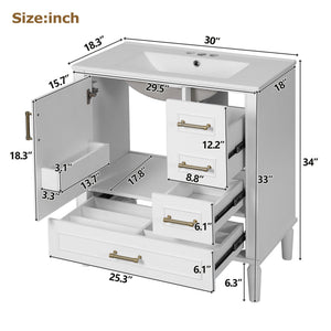 English Elm 30" Elegant Bathroom Vanity with Ceramic Sink, Soft-Close Door & 3 Drawers, Gold Handles, Durable Finish White N729P184479K