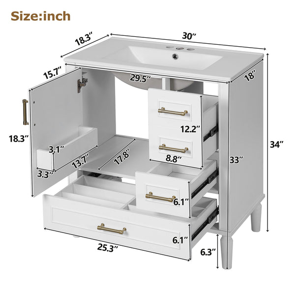 English Elm 30" Elegant Bathroom Vanity with Ceramic Sink, Soft-Close Door & 3 Drawers, Gold Handles, Durable Finish White N729P184479K