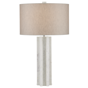 Mercurius Marble Table Lamp - Contemporary Design with Natural Linen Shade, Unique Gear Shape