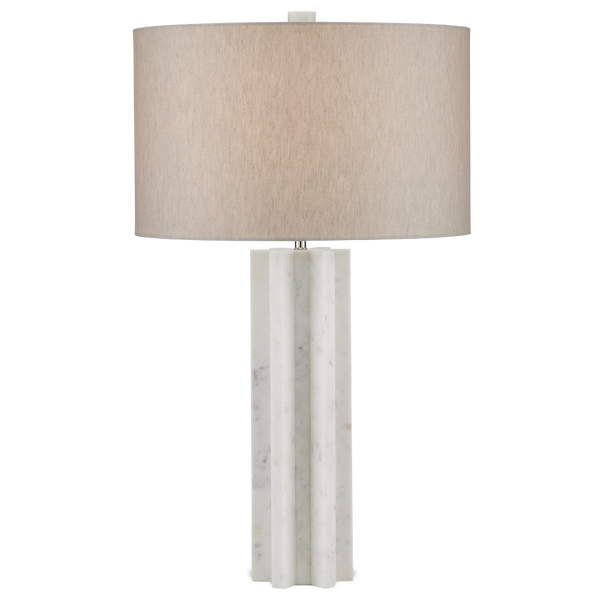 Mercurius Marble Table Lamp - Contemporary Design with Natural Linen Shade, Unique Gear Shape