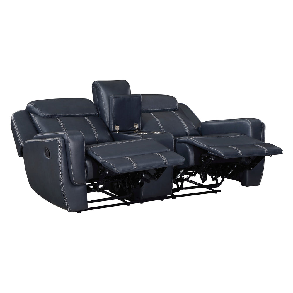English Elm Modern Blue Dual Reclining Loveseat with Center Console, USB Ports, Hidden Storage, Breathable Faux Leather 75.5" B011P228163
