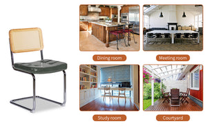 English Elm Dining Chairs Set of 2 Mid-Century Chrome Cantilever Faux Leather Rattan Back Accent Chairs Dark Green W2105P346391