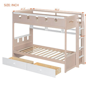English Elm Twin Castle Bunk Bed with Led Lighting Built-in Shelf and Storage Drawers for Kids White LT000158AAK