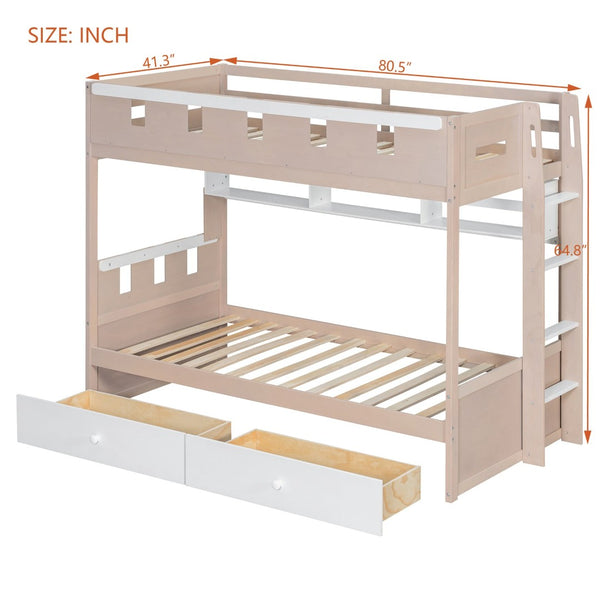 English Elm Twin Castle Bunk Bed with Led Lighting Built-in Shelf and Storage Drawers for Kids White LT000158AAK