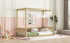 English Elm Twin Canopy Frame Floor Bed With Guardrails - Cozy, Safe Pine Design For Kids' Imaginative Spaces W504P143279-GIGA