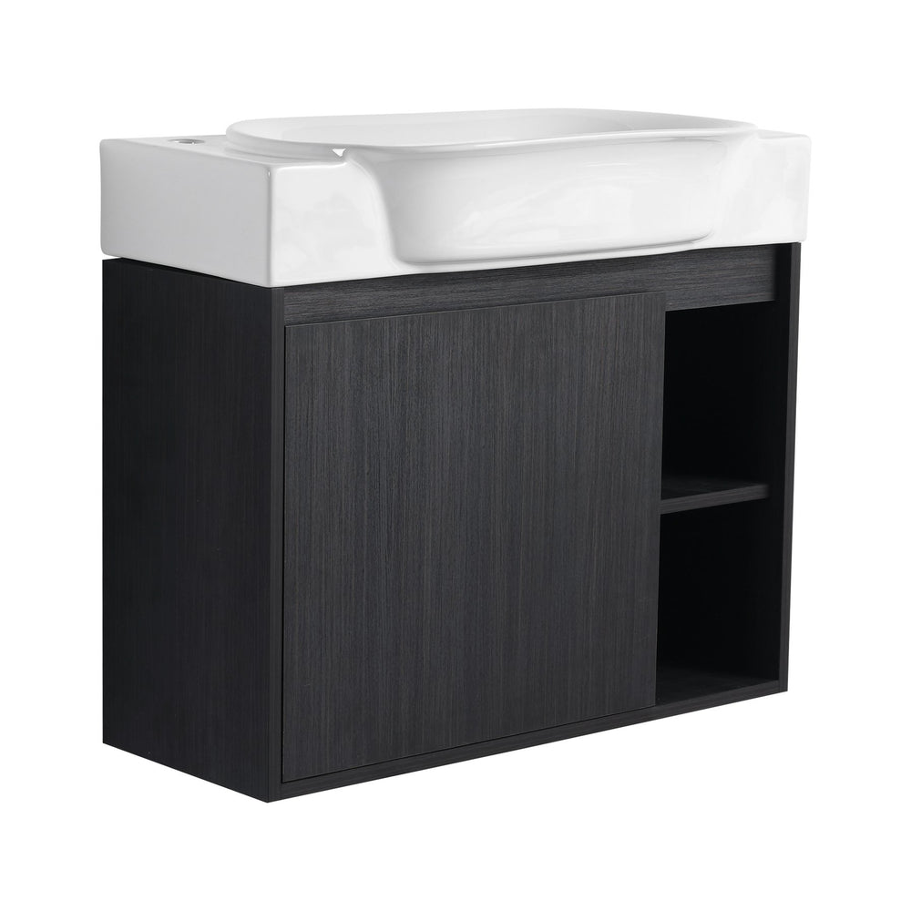 English Elm 28'' Wall-Mounted Bathroom Vanity with Glossy White Ceramic Sink, Soft-Close Doors, Water-Resistant Plywood Finish (Easy Assembly, KD Packing) W999P310767