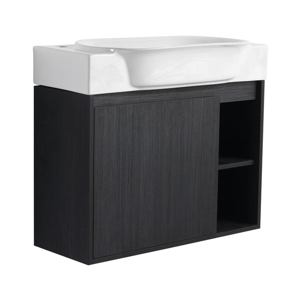 English Elm 28'' Wall-Mounted Bathroom Vanity with Glossy White Ceramic Sink, Soft-Close Doors, Water-Resistant Plywood Finish (Easy Assembly, KD Packing) W999P310767