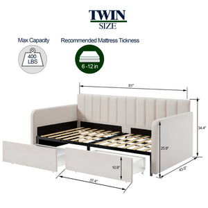 English Elm Flora Twin Daybed with 2 Dust‑Proof Drawers, Ivory Velvet Upholstery, Ribbed Tufted Backrest, Modern Storage Design B083P156245