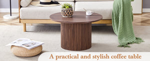 English Elm A modern circular coffee table Walnut 27.5" MDF top with cylindrical Roman legs, hidden storage, vintage flair W1151P270614