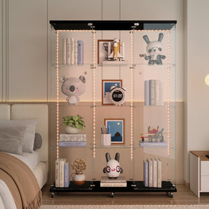 English Elm Tempered Glass Display Cabinet With Bluetooth Led Lights, Lockable Door, Mobile Design For Home & Office W3155S00011-GIGA