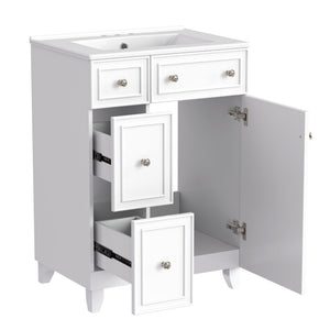 English Elm 24-Inch Bathroom Vanity Cabinet with Ceramic Sink, Space-Saving Storage, Solid Wood Feet, Durable Finish White WF532034AAK