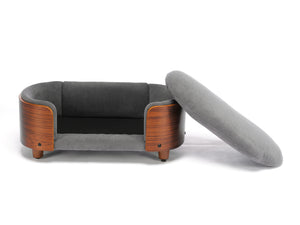 English Elm Scandinavian Elevated Pet Sofa Bed with Walnut Bent Wood Back, Velvet Stain-Resistant Fabric, Cozy Rest Dark Gray W794125914