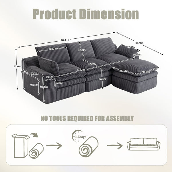 English Elm L Shaped Corduroy Modular Sectional with Cloud Cushions Footstool and Lumbar Pillows Gray W395S00140