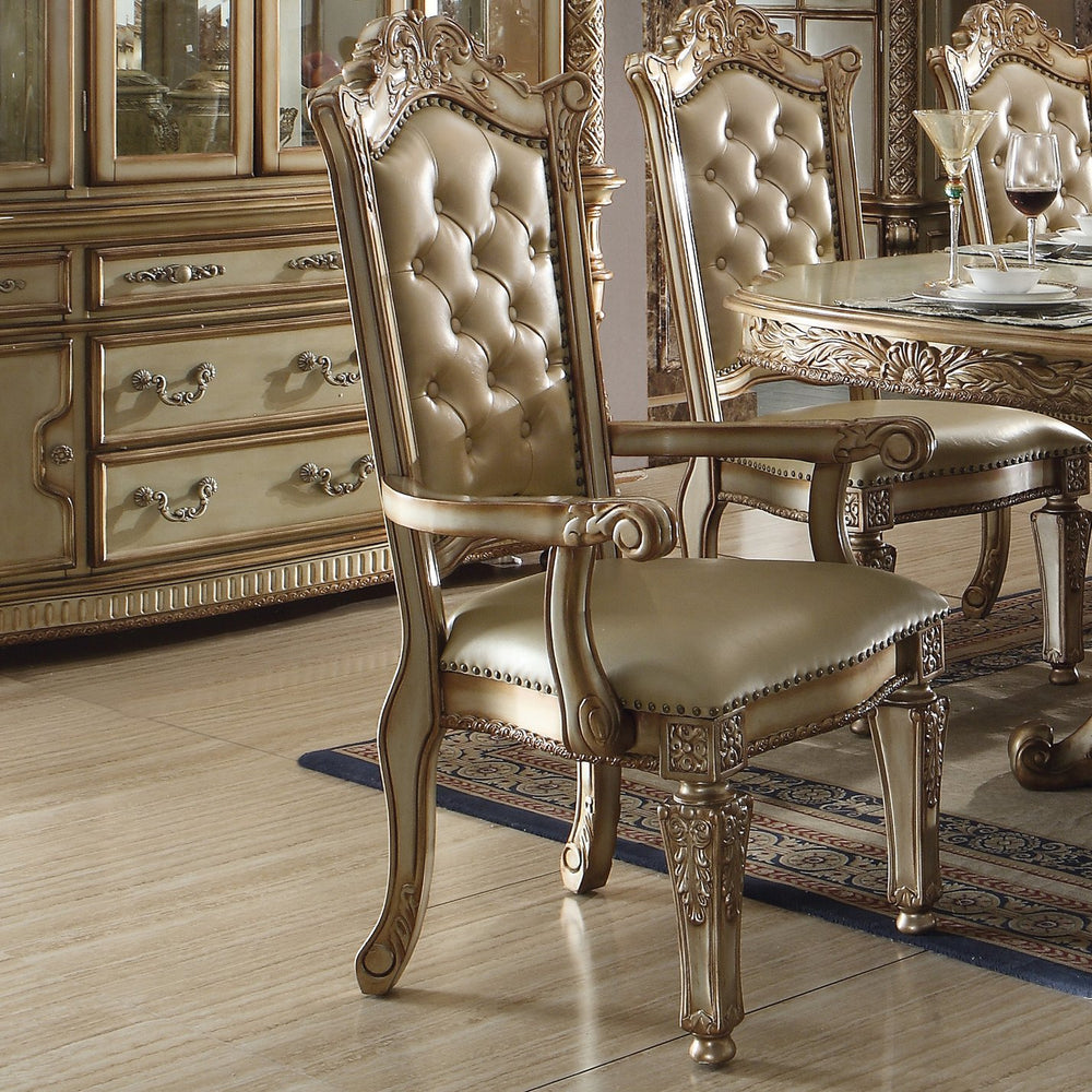 English Elm Bone Plush Tufted Arm Chair with Floral Carved Wood Back, Nailhead Trim & Tapered Legs for Luxe Seating Beige+Gold B062P209282