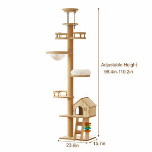 English Elm Floor to Ceiling Tension Mount Cat Tower with Sisal Post Hammock and Wood Condo Cave W3101P384990