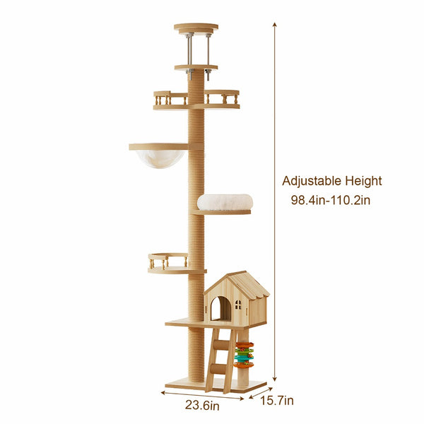 English Elm Floor to Ceiling Tension Mount Cat Tower with Sisal Post Hammock and Wood Condo Cave W3101P384990