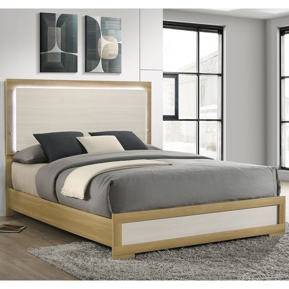 English Elm Lincoln Queen LED Panel Bed with Natural & White Two-Tone Finish, Tap-Lit Headboard, Modern Glow B062S01365