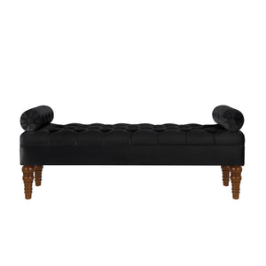 English Elm Velvet Tufted Bench with Round Bolster Armrest and Solid Wood Spindle Legs for Elegant Seating (52") Black W2186P253249