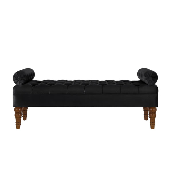 English Elm Velvet Tufted Bench with Round Bolster Armrest and Solid Wood Spindle Legs for Elegant Seating (52") Black W2186P253249