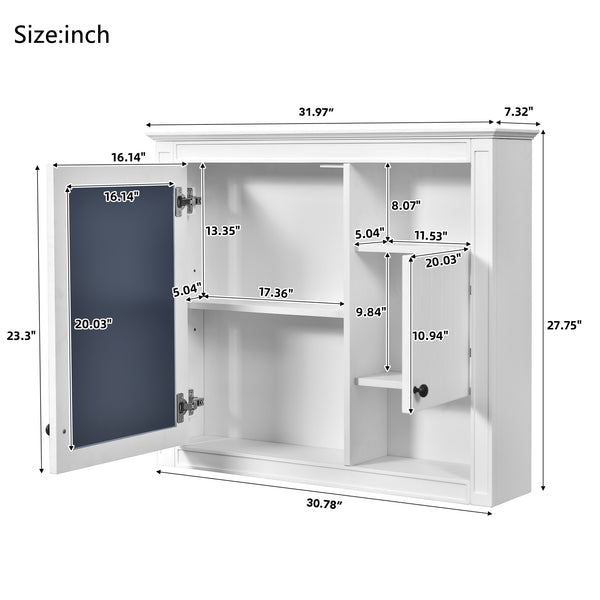 English Elm 32'' Modern Medicine Cabinet with Mirror, Wall-Mounted 3-Shelf Bathroom Storage, White MDF Finish N710P252505K