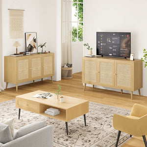 English Elm Sideboard Buffet Cabinet With 3 Rattan Doors - Modern Storage Solution For Entryway & Living Room P1 T3623P380291-GIGA